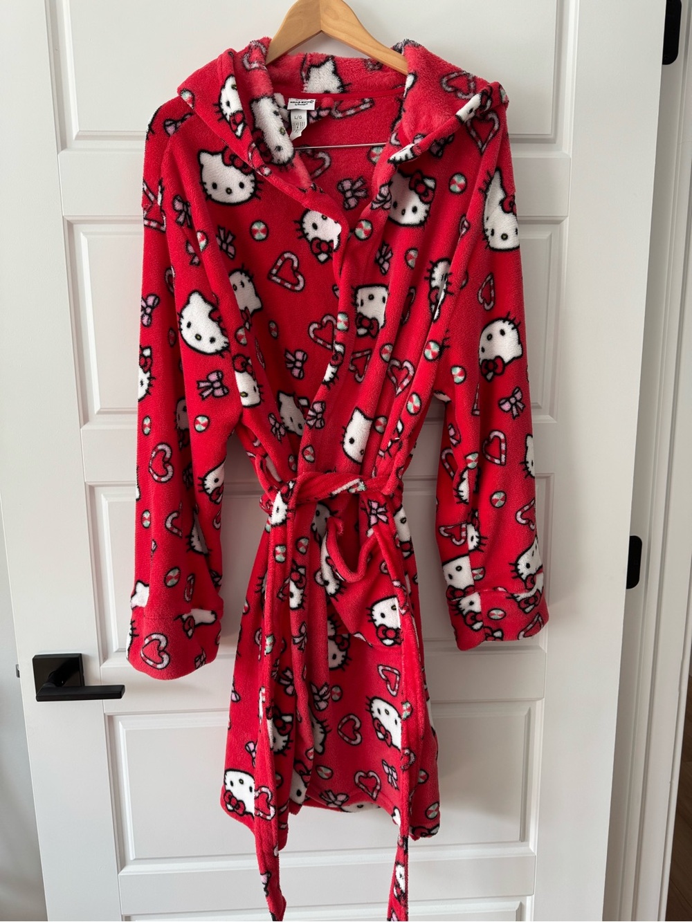 Sanrio Hello Kitty Red Hooded Fleece Robe with Christmas Candy Print Sz L